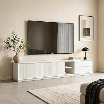 71" TV Stand for TVs up to 80", Mid Century Modern Entertainment Center with Fluted Sliding Doors, Drawers, Cord Management & Adjustable Shelves, Wooden Media Console for Living Room, White