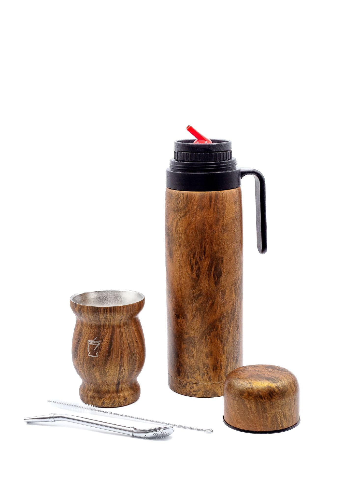 Kit con Mate, Termo y Bombilla de Acero Inoxidable - incluye vaso térmico con doble pared - libre de BPA (Marrón)