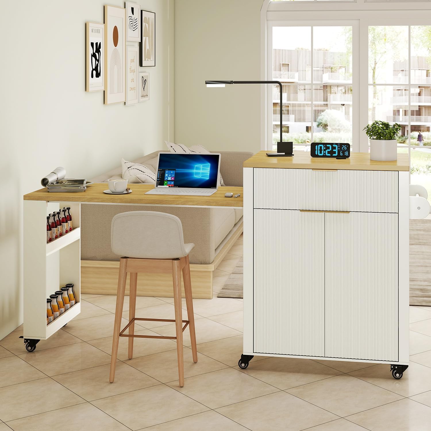 Rolling Kitchen Island with Extendable Dining Table, 75.8" Kitchen Cart on Wheels, Mobile Island Table with Storage Drawers, Open Side Shelf& Power Outlet for Kitchen, Dining Room (White)