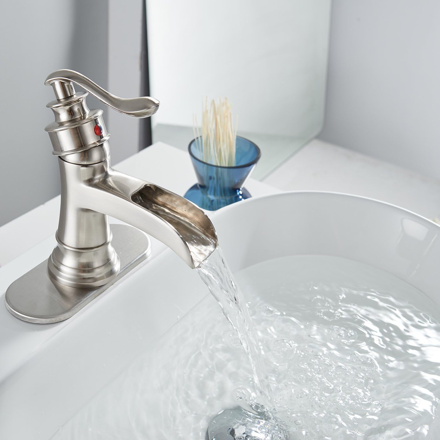 Brushed Nickel Single-Handle Waterfall Bathroom Faucet