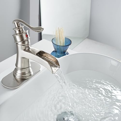 Miniatura 7 de Grifo de baño para lavabo, de níquel cepillado, tipo cascada, estilo antiguo, montaje sobre el lavabo, manija única, orificio único, con tapón de