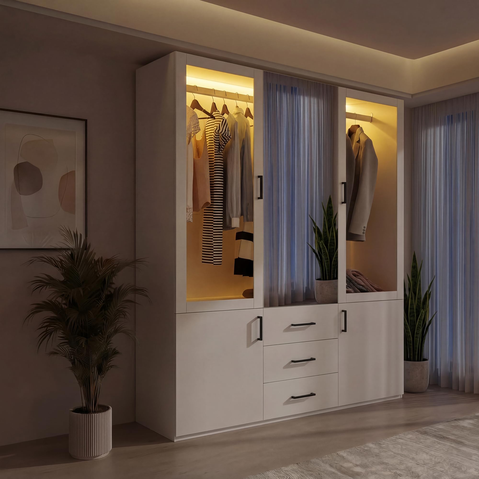 Armadio Guardaroba 4 Ante con 3 Cassetti e LED, Armadio Camera Da Letto Bianco, Mobile Con Appendiabiti, Armadio Moderno Salvaspazio, Armadio Guardaroba con Specchio