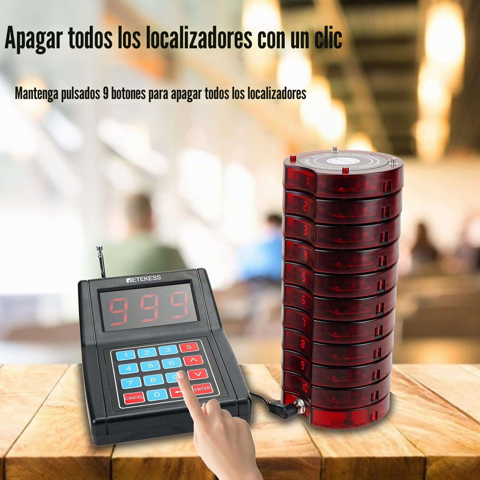Retekess TD165 Sistema de Llamadas Restaurante, Avisadores, 10 Pagers | para Restaurantes, Hoteles, Clínicas, Largo Alcance de 300M, 999 Canales, Recargables, 3 Modos de Llamada