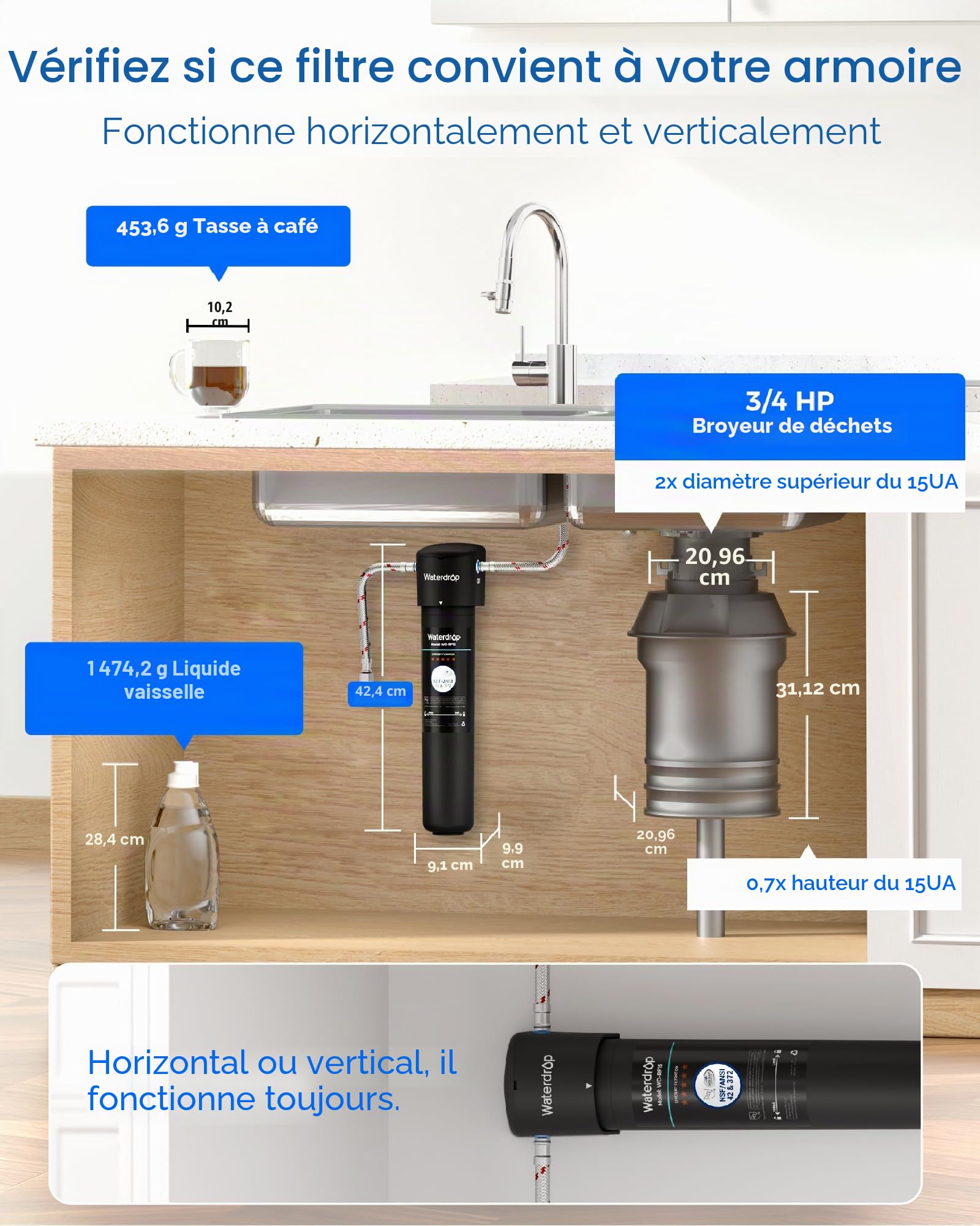 Waterdrop 15UA Système de Filtre à Eau sous le Comptoir, Connexion Directe au Robinet de Cuisine, Capacité de Réduction de Chlore Elevée de 60000 Litres, USA Tech