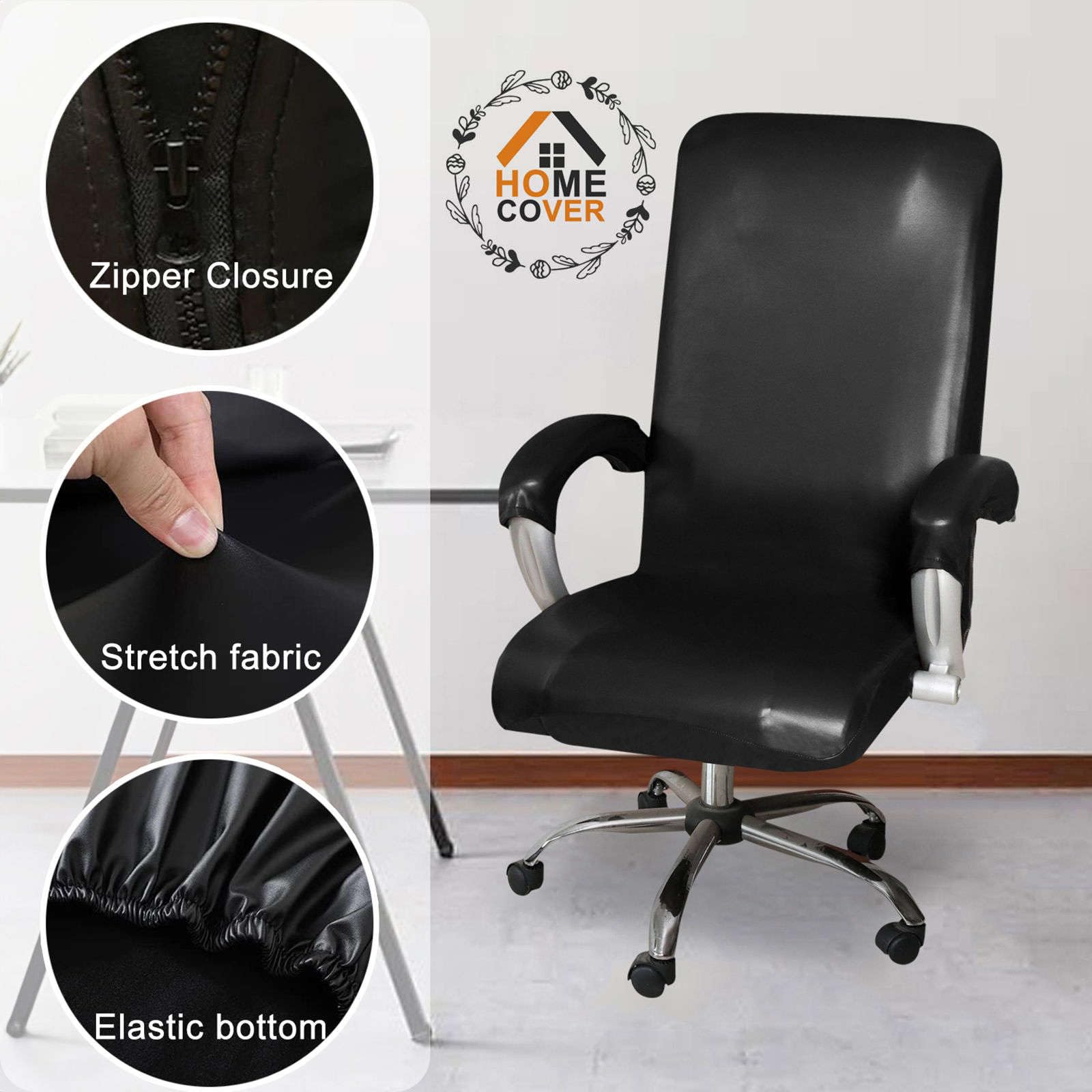 Elastico Coprisedia Da Ufficio Impermeabile, Universale In Pelle PU Girevole Computer Coprisedia Con Copribraccioli Per Poltrone Rimovibili-Nero-XL