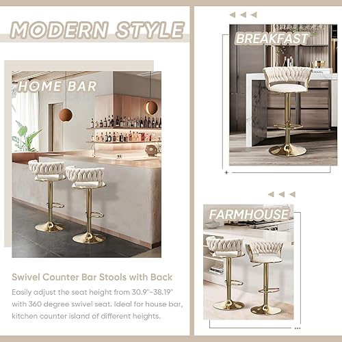 Miniatura 8 de Deolme Juego de 3 taburetes de bar verde oliva, taburetes de bar giratorios ajustables de altura de mostrador, sillas de bar de terciopelo,