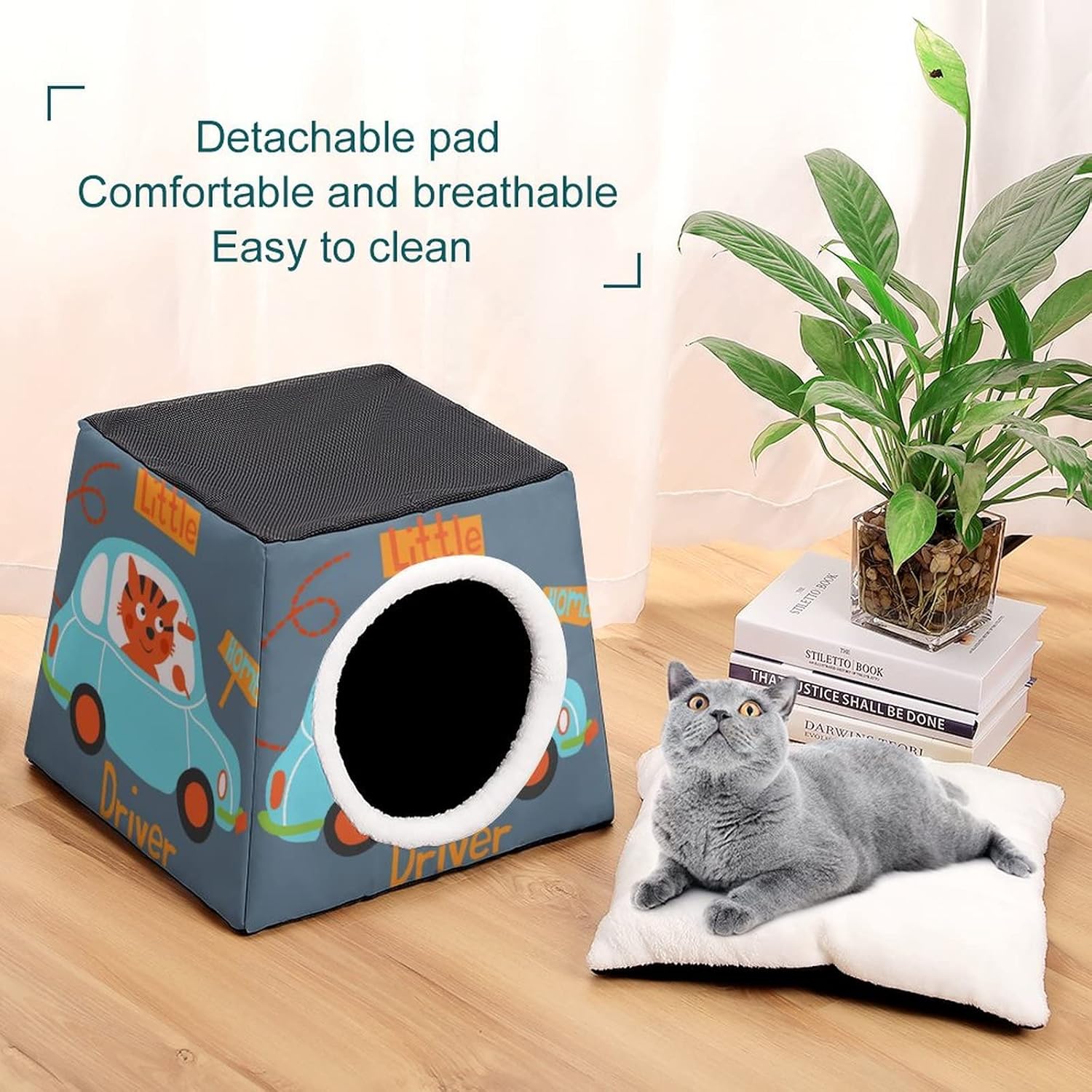 Printed Cat Cube Kitty House Indoor Cats Bed Cat Sofa Small Dogs Shelter Warm and Cozy Driver Cat Cartoon