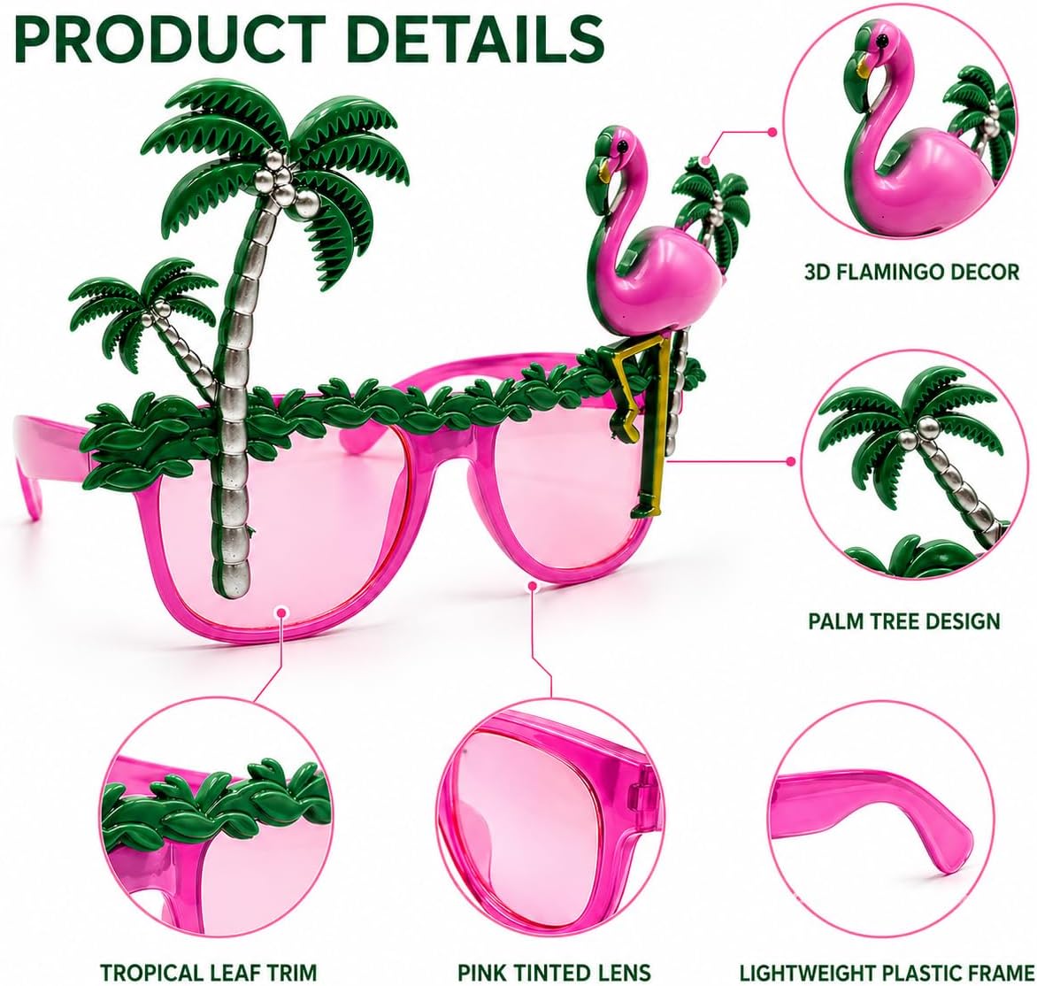 4Pcs Flamingo Party Glasses Tropical Luau Sunglasses Pink Hawaiian Eyewear Props for Women Men Plastic Beach Pool Photo Booth Accessory for Summer Dance Birthday Costume