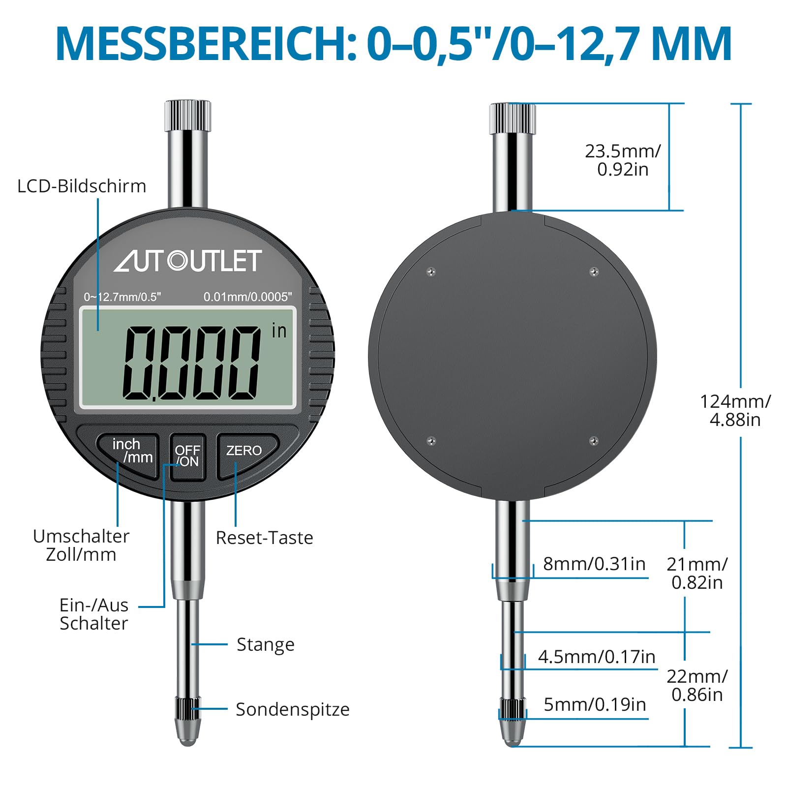 AUTOUTLET Bohrungslehre Messuhr Set 50-160mm, Digitales Bohrungsmessgerät Innenmessgerät Hohe Präzision 0,01mm Innendurchmesser Messuhren mit 12 Sonden & Box, Dial Bore Gauge Industriemesswerkzeug
