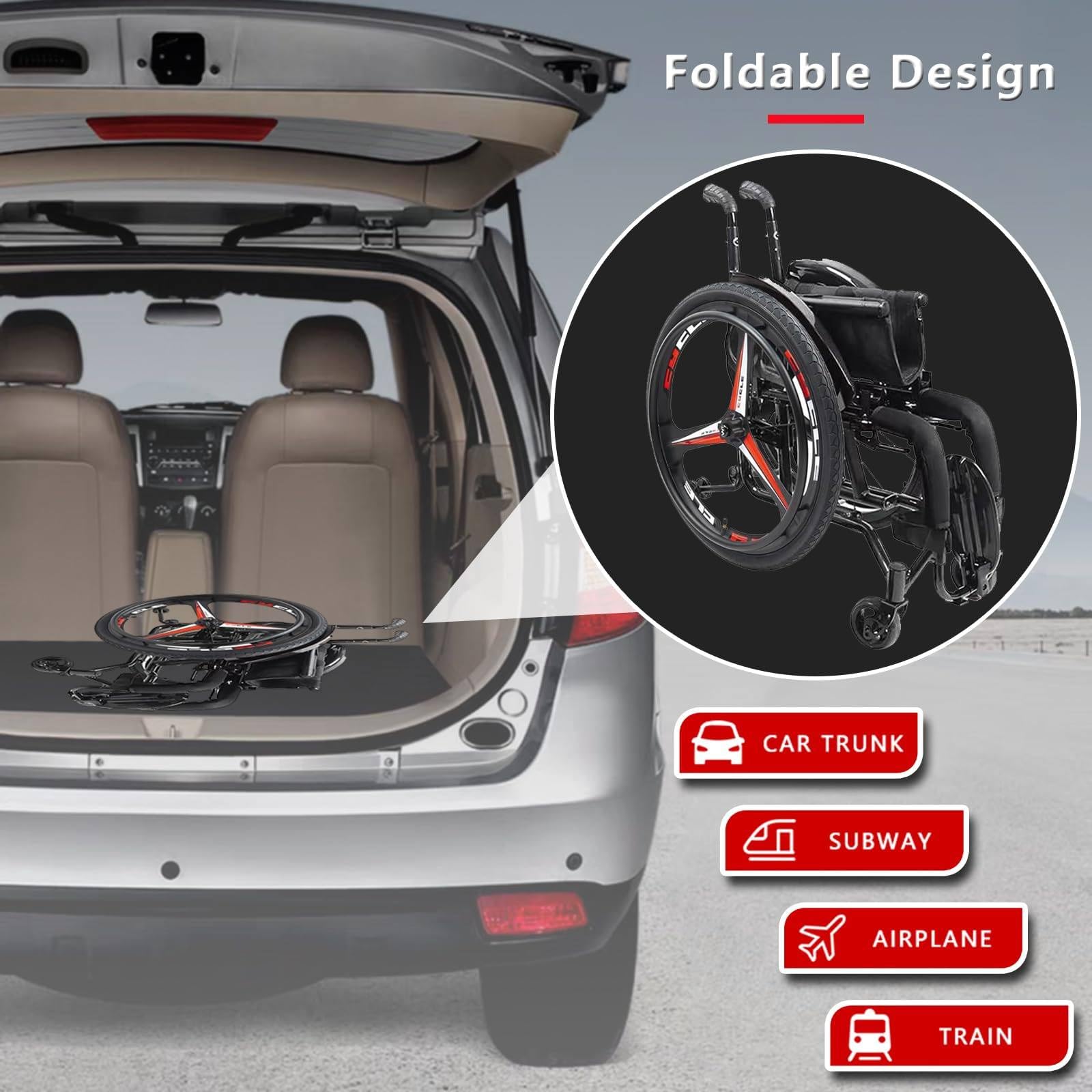 Silla de Ruedas Deportiva Plegable y Ligera seat38cm | Ultraligera para todo terreno, soporta hasta 100 kg (220 lb), asiento ajustable para baloncesto y carreras, 86 x 76 x 52 cm