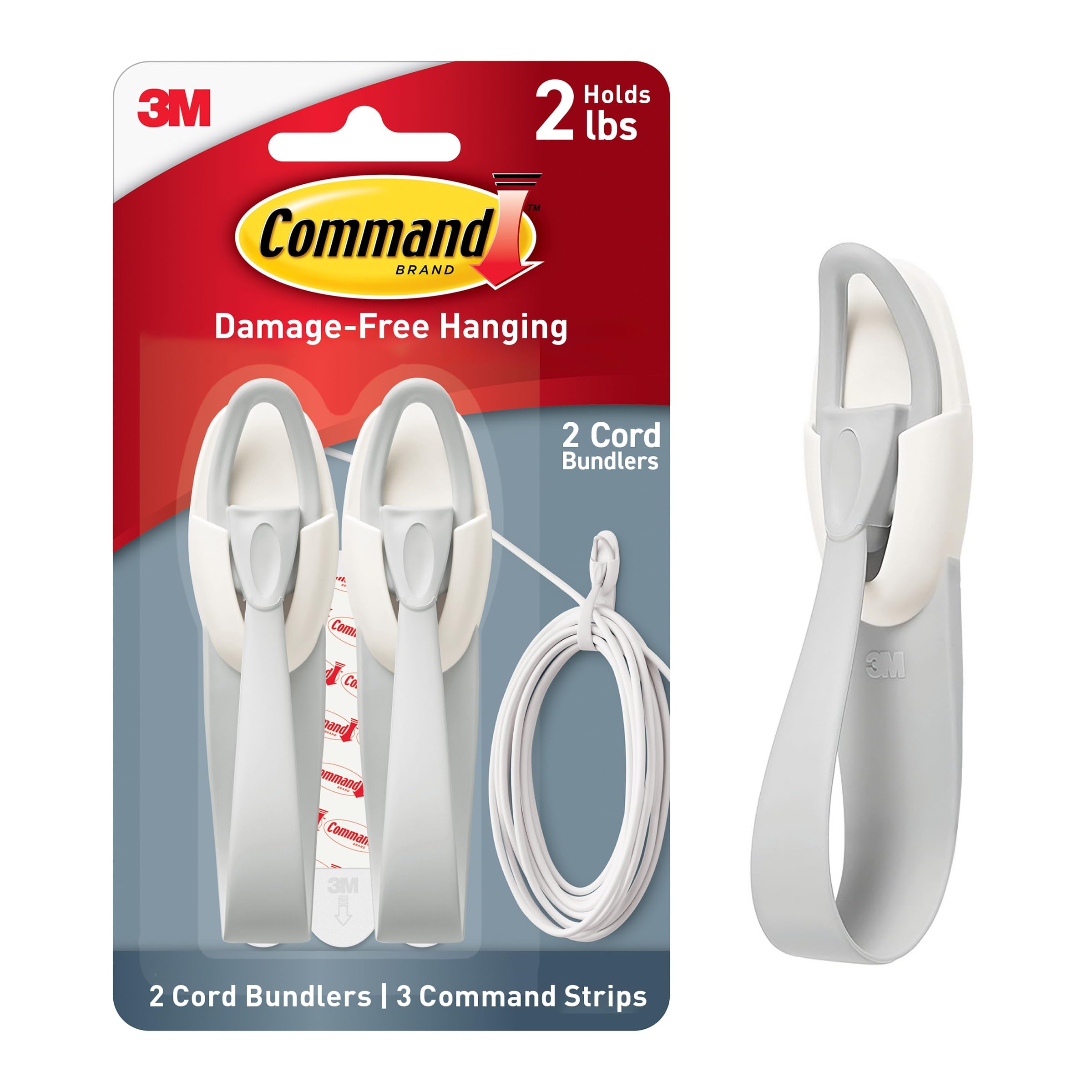 Command Cord Bundler Kit, Holds up to 2 lbs, Damage-Free Cord Management for Home and Office, Includes 2 Bundlers and 3 Adhesive Strips