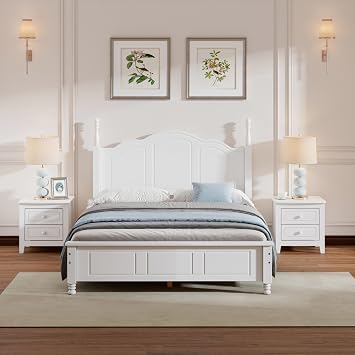 Rustic Farmhouse Bedroom Set with Elegant Curved Headboard, Sturdy Wooden Bed Frame and 2 Nightstands - Classic Country Style Furniture for Master Bedroom,Guest Room White,Full Bed+2 Nightstands