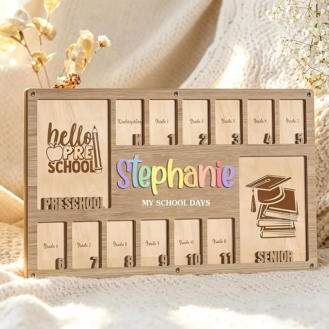 School Picture Frame Pre-K to 12, Personalized School Years Photo Frame K-12,14 Openings Kindergarten through 12th Grade Picture Frame, Graduation Gifts for Kids, Solid Wood