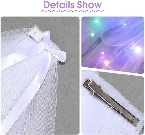 Miniatura 5 de Jeairts Velo de novia LED con luz para novia con clip para el pelo pieza de tul para boda disfraz de Halloween accesorios para el cabello para