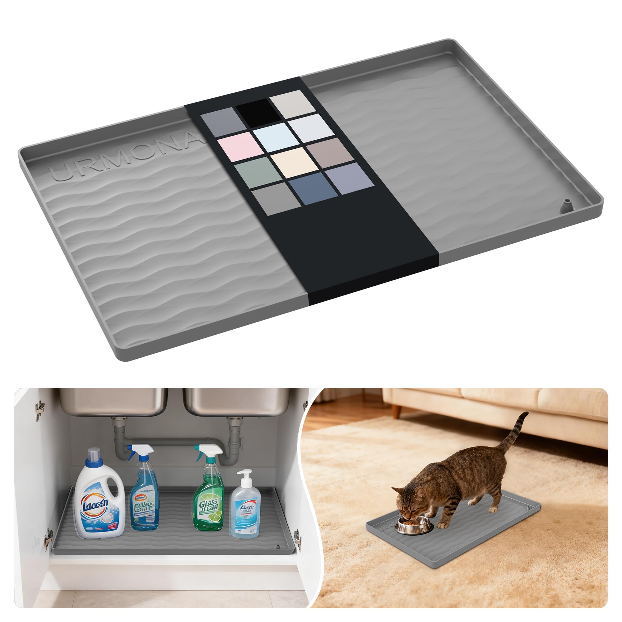 URMONA Waterproof Silicone Under Sink Mat, 16 x 10 in, Flexible Shelf Liner