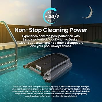 Betta SE Plus Solar Powered Robotic Pool Skimmer with Carrying and Storage Bag, 24/7 Continuous Cleaning Battery Power, Dual Charging Options, and Anti-Stuck Foam Noodle