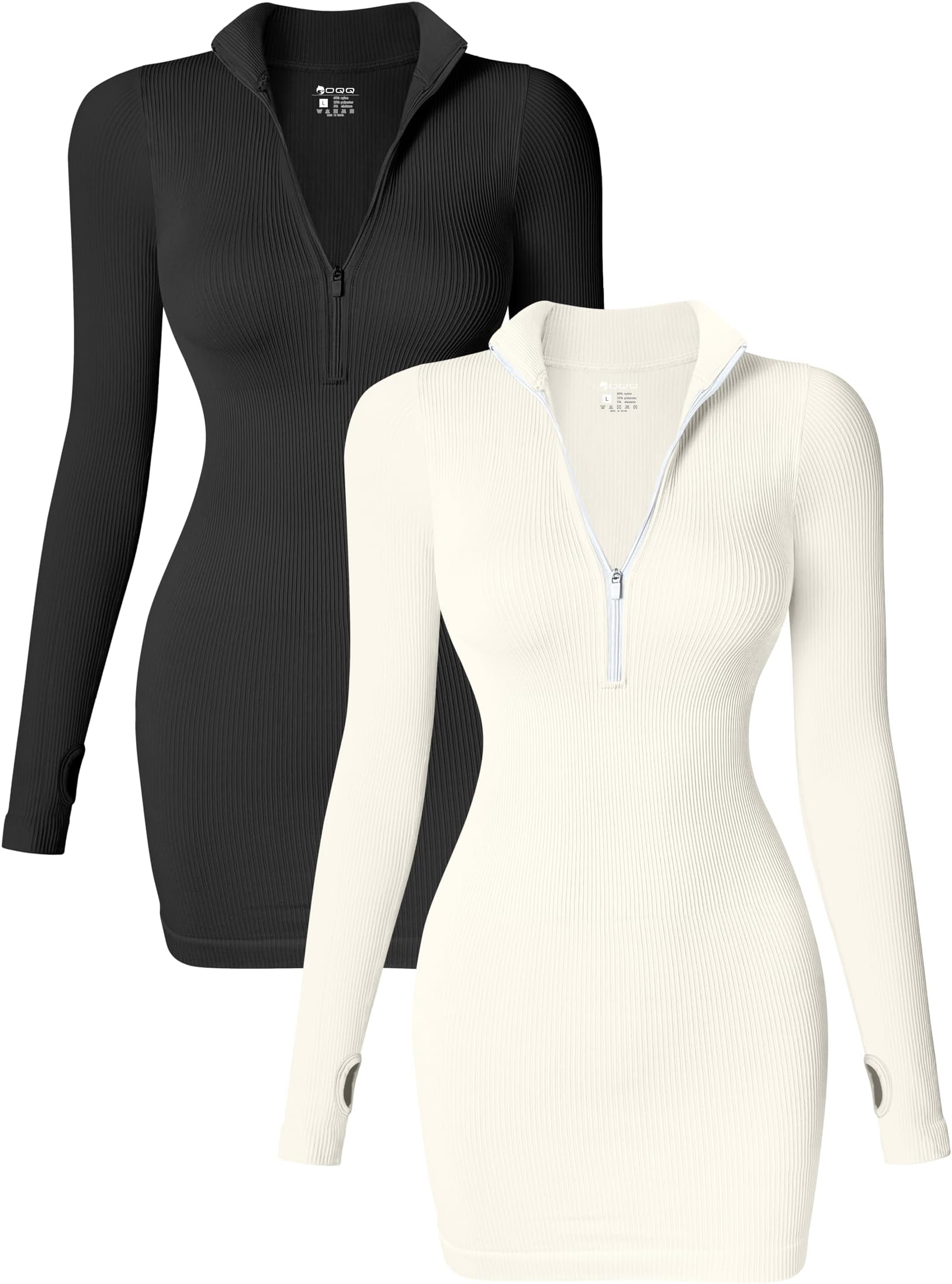 OQQ Women's 2 Piece Dresses Sexy Ribbed Zip Front Long Sleeve Tops Mini Dress Black Beige