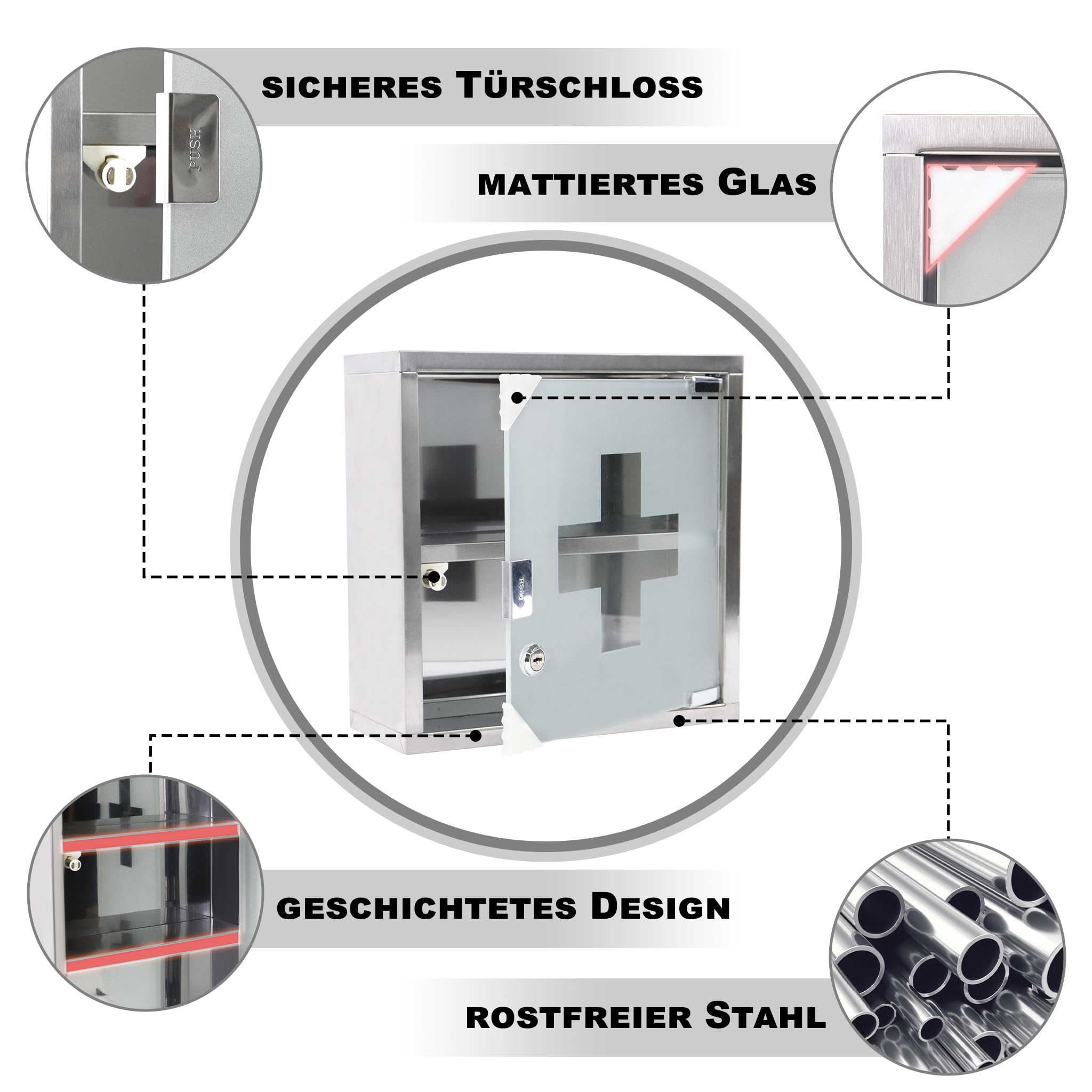 Medizinschrank, Apothekerschrank aus Edelstahl, Medikamentenschrank mit 2 Fächer, Arzneischrank hängend Medikamenten Aufbewahrung - 30x12x30 cm