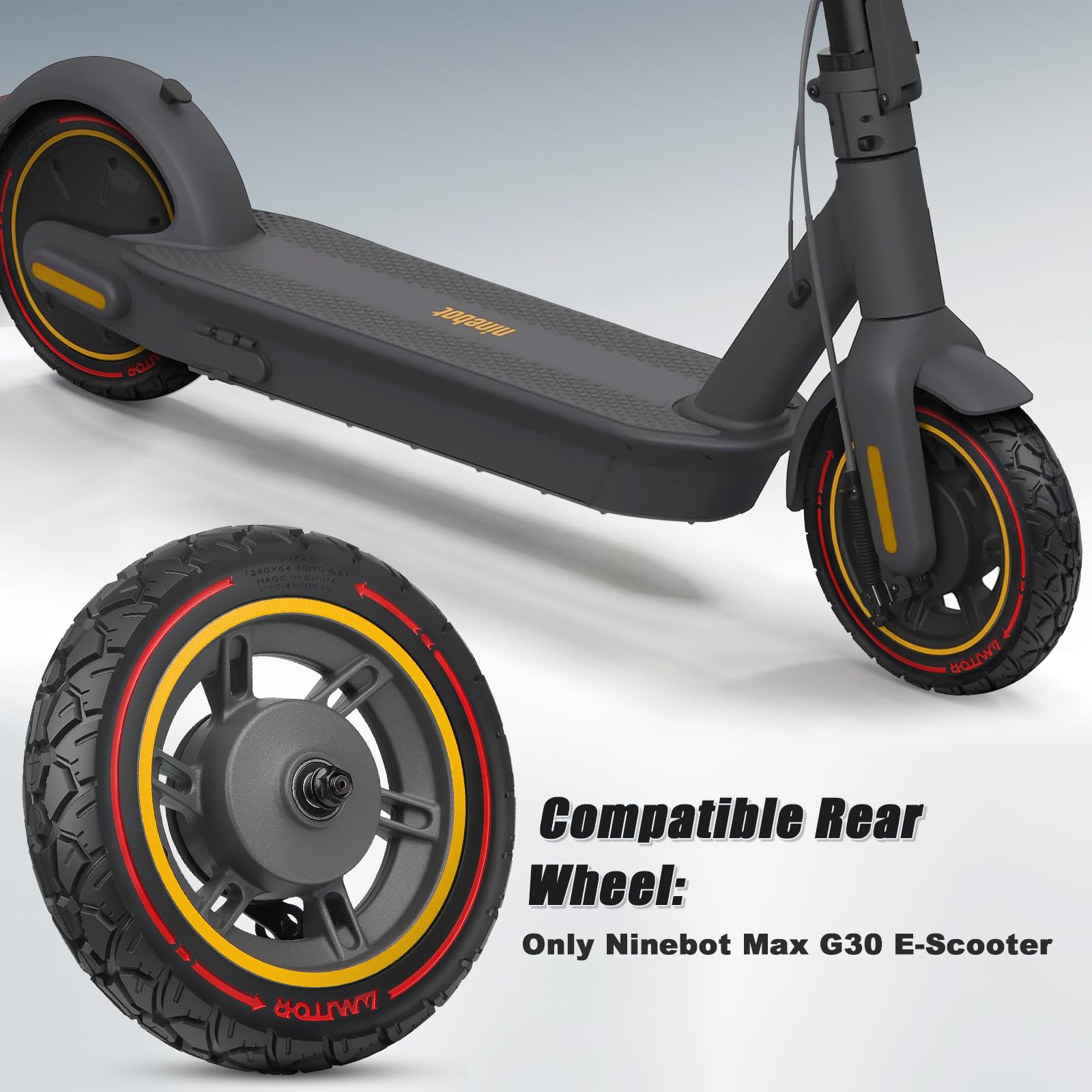 10x2.5 Pouces Ninebot MAX G30 Roue Avant Complète avec Pneu Plein 60/70-6.5 Trottinette Offroad, Robuste & Fiable, Anti-crevaison & Antidérapant, Zéro-Entretien, Montage Facile, 1PCS