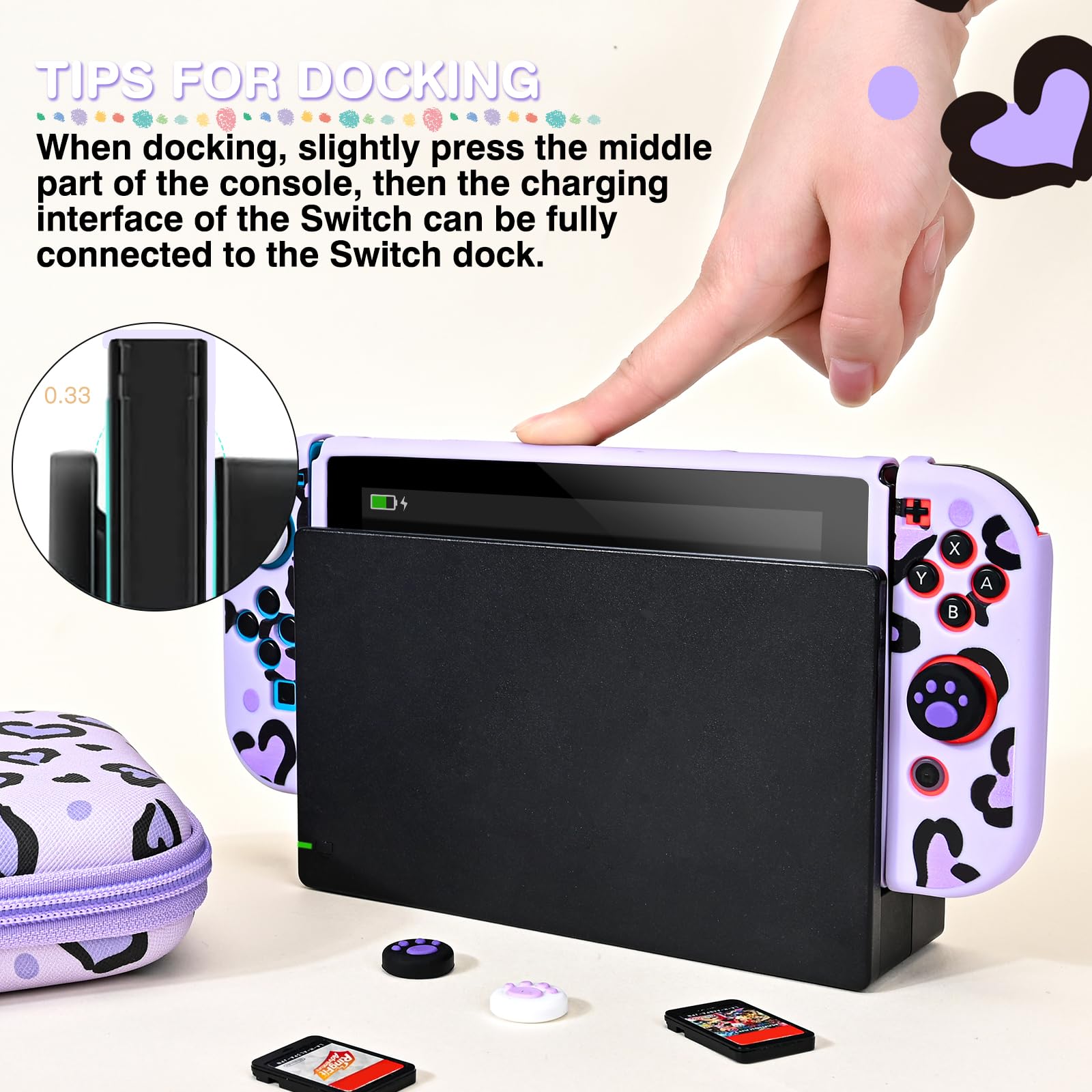 DLseego Étui de Transport pour Nintendo Switch, Housse de Transport et Coque Souple avec 4 Capuchons Joystick, 1 Breloque en Peluche en Forme de Cœur, Violet