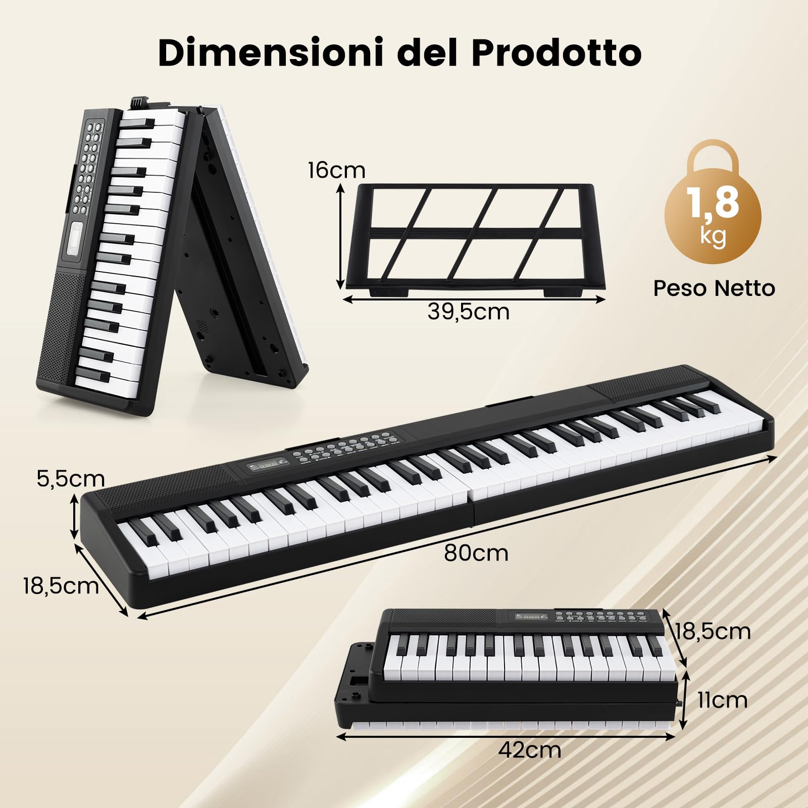 COSTWAY Tastiera Pianoforte a 61 Tasti, Pianoforte Elettronica Pieghevole, con Funzione Split, 3 Modalità di Insegnamento, Pianoforte Digitale Portatile con Doppi Altoparlanti, MP3/USB/MIDI, Nero