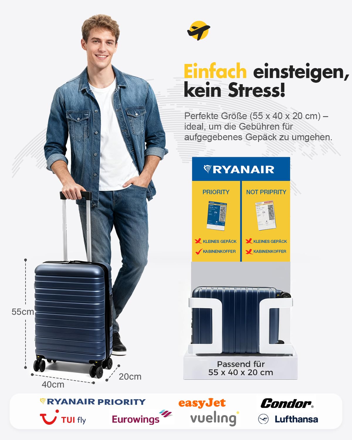 Lekesky Handgepäck Koffer 55x40x20cm - Trolley Handgepäck mit TSA Schloss und 4 Abnehmbaren Rollen, Leicht Hartschale für Ryanair, Lufthansa, Eurowings, Blau