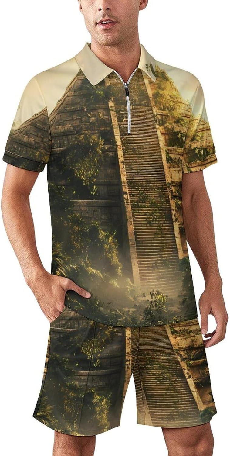 Mayan Pyramid Mens Polo Shirts Track Suits 2 Piece Short Sleeve Sweatsuit 1/4 Zip Golf Loungewear for Sports