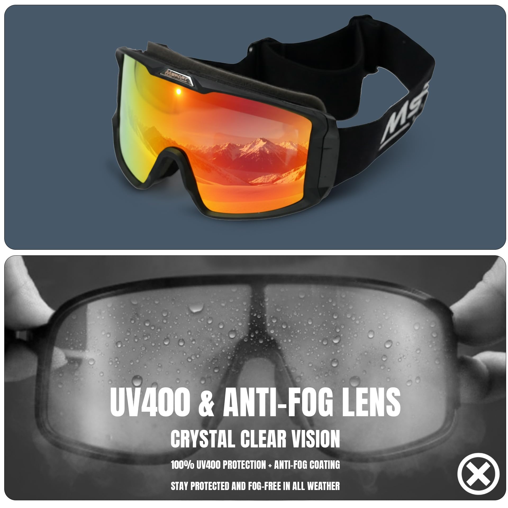 Msport Maschera da Sci e Snowboard REVO HD Vision – Antiappannamento, Protezione UV400, Compatibile con Occhiali da Vista