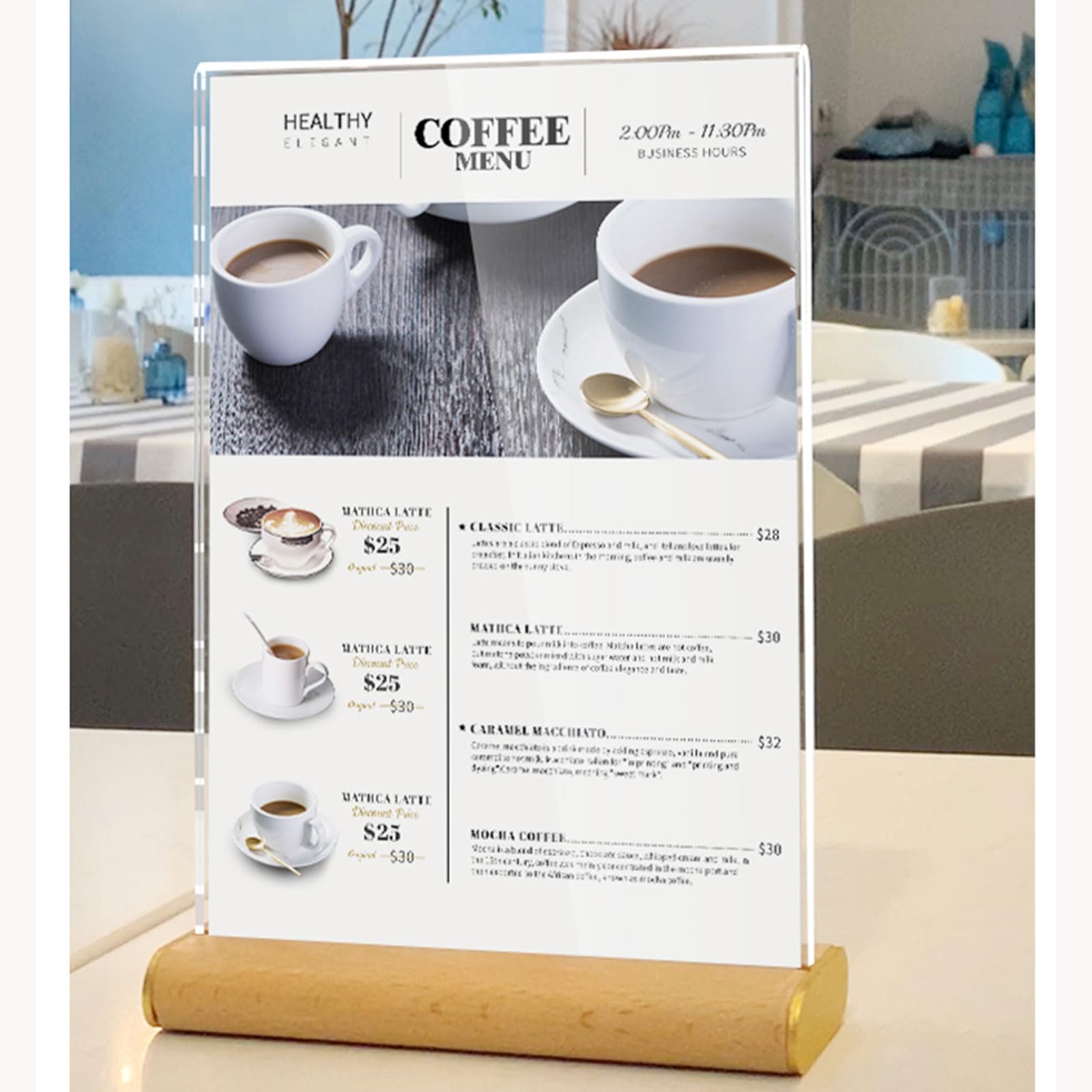 Asystent oznakowania Ericha, Akrylowy stojak na tabliczki A4 Stojak na menu Noble Style 210x297mm Podwójna drewniana podstawa w kształcie litery T