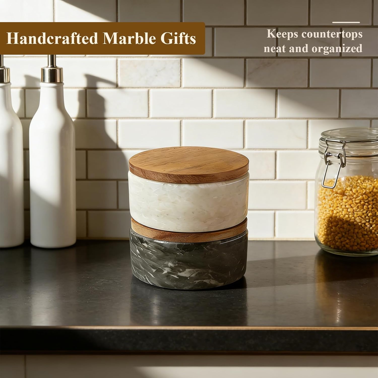 Marble Salt and Pepper Bowls,2Pcs Handcrafted Solid Marble Salt and Pepper shakers with Lids and Spoons, Stackable Spice Containers for Kitchen Counter Decor