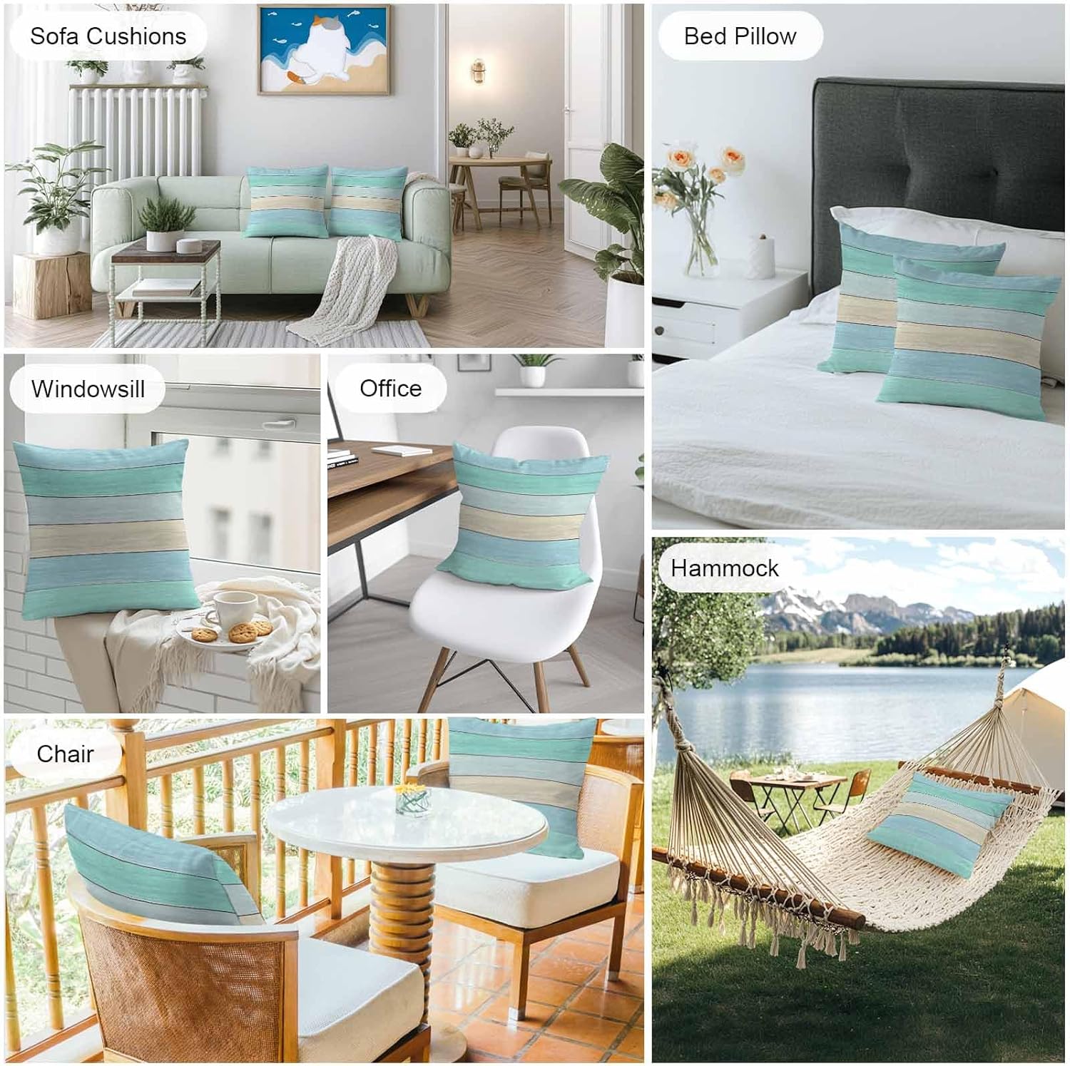 Farmhouse Wood Grain Outdoor Pillow Cover 24x24 Inch Cushion Sham Case, Aqua Blue Candy Color Waterproof Decorative Square Throw Pillowcase for Outside Garden Patio Porch Couch Chair Tent