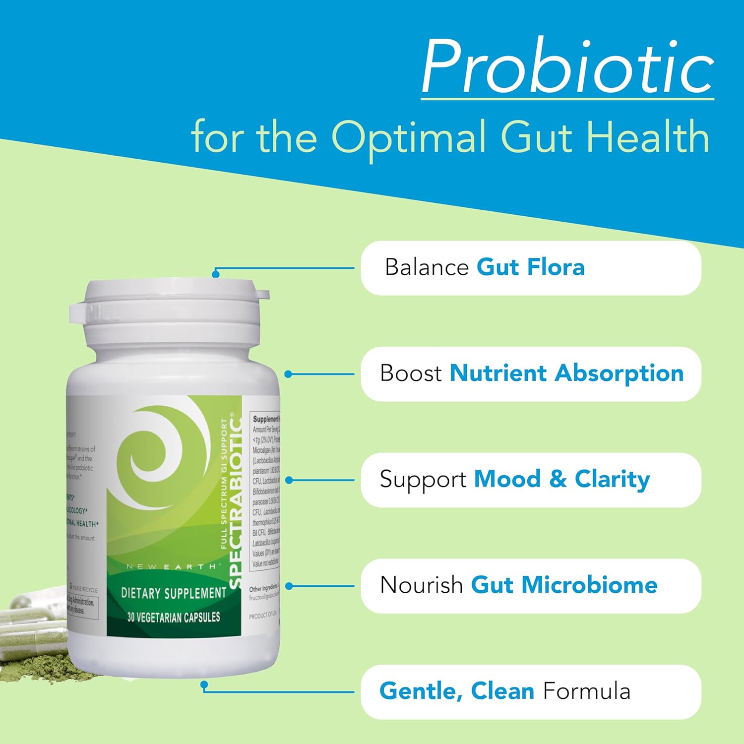 New Earth Spectrabiotic® - Full Spectrum Probiotic Supplement, 30 ct - Supports Digestion, Nutrient Absorption & Gut-Brain Axis for Vibrant Health