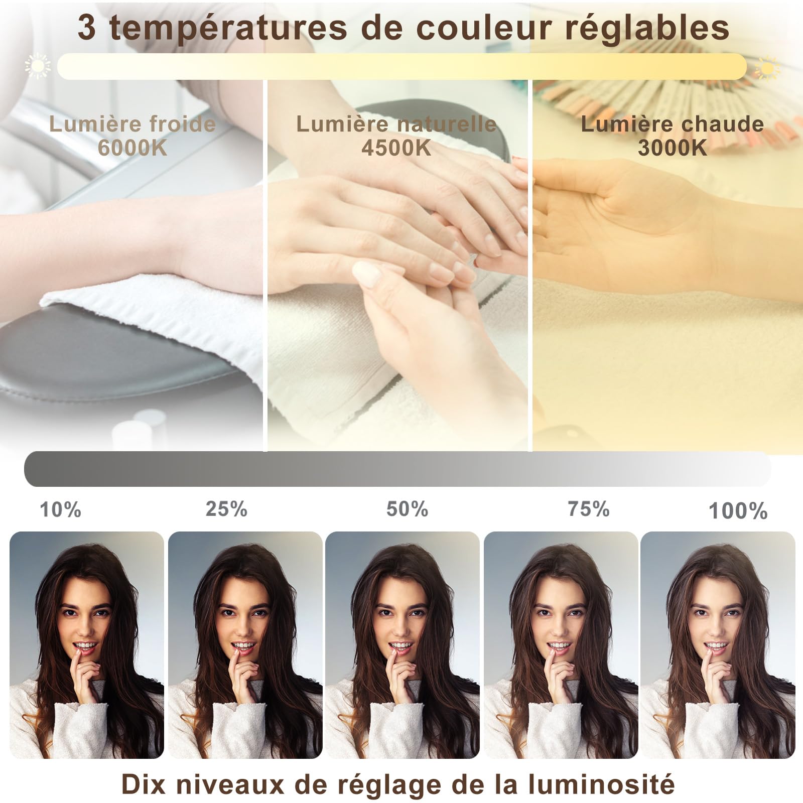 Lampada professionale a mezzaluna per ciglia VINGVO, Estensione ciglia pieghevole, LED 38W a intensità variabile, Luminosità regolabile in 3 colori 3000-6000K