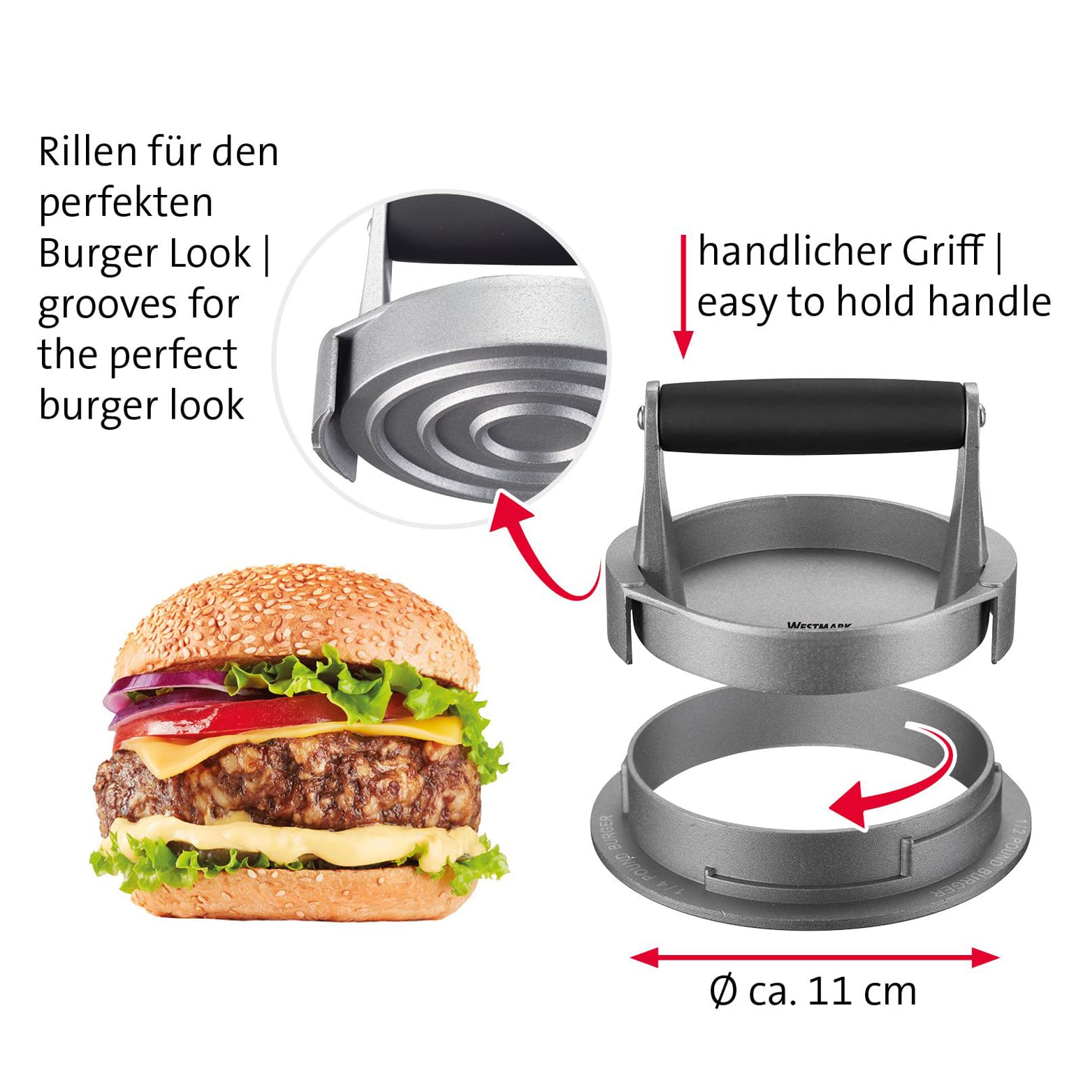 Westmark Hamburgermaker, regolabile per 3 diverse dimensioni Patty: 1/4 libbre, 1/3 libbre e 1/2 libbre, alluminio/plastica, Vario, argento/nero, 62252260