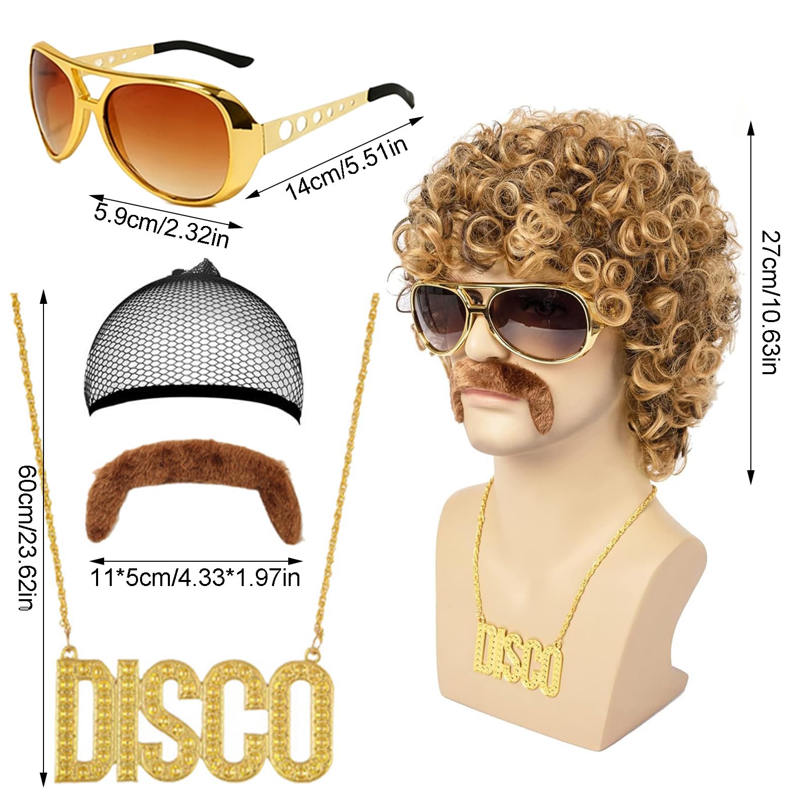 5-częściowy zestaw męskich peruk z łańcuszkiem, brodą i okularami w stylu lat 70-tych i 80. Disco Dude Dirt Bag, peruka hipisowska, kostium w stylu hipisowskim, akcesoria na karnawał, cosplay i