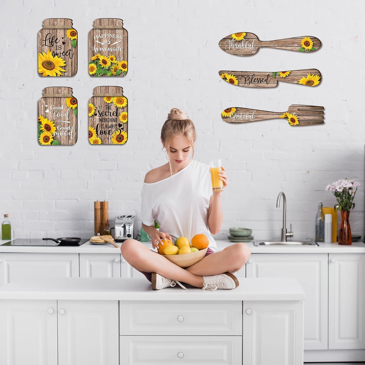 Roshtia 7 Pcs Sunflower Kitchen Decor Kitchen Wall Decor Accessories Mason Jar Set Wooden Rustic Hanging Sunflower Wall Art Knife Fork and Spoon Wall Decor Farmhouse Kitchen Signs Plaques for Home : Home & Kitchen