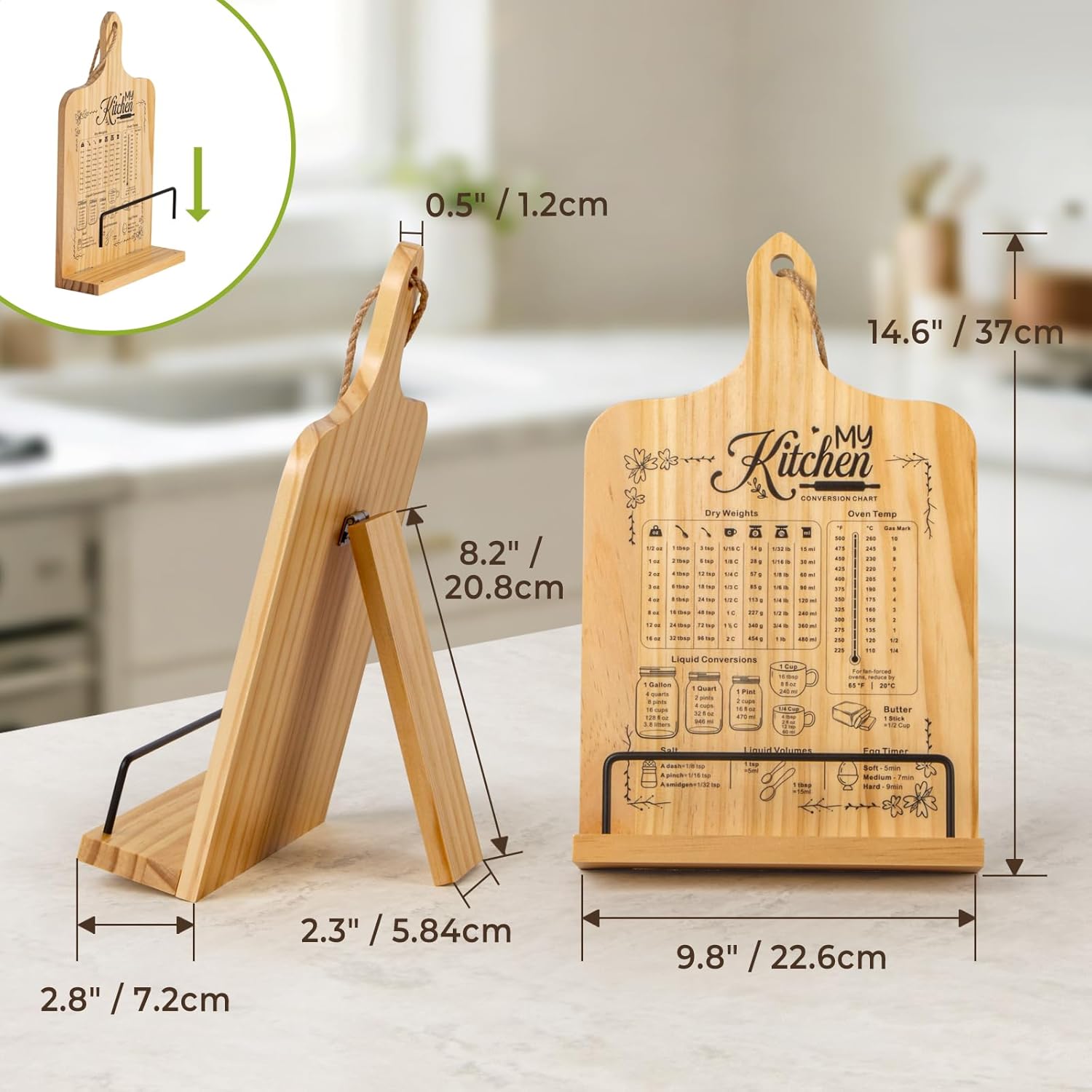 PUERSI Cook Book Stand for Kitchen Counter, Wooden Recipe Book Holder with Measurement Conversion Chart, Adjustable Cookbook Stand, Kitchen Gifts for Cooking Lovers - Image 5