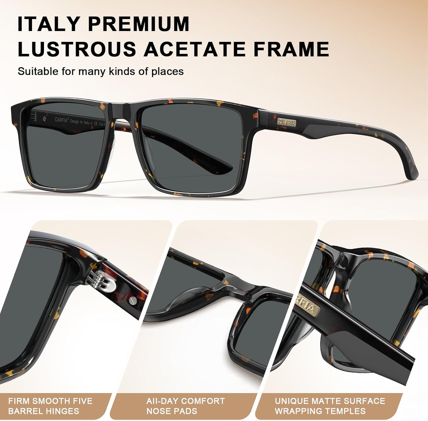 CARFIA Retro Acetate Mens Sunglasses Polarized Classic Square Sun Glasses CA62162 - Image 7