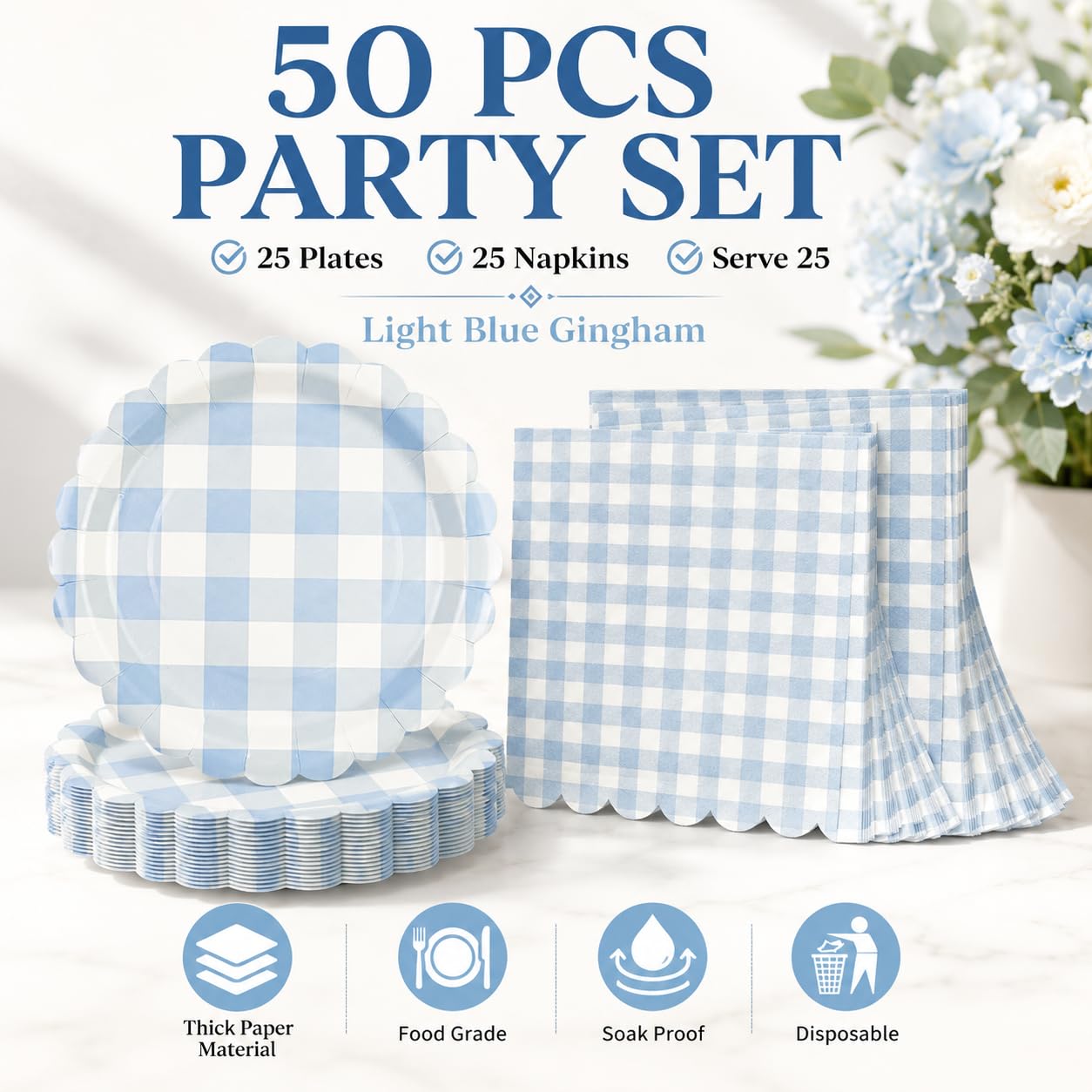 Blue Gingham Paper Plates & Napkins - 50 PCS -8