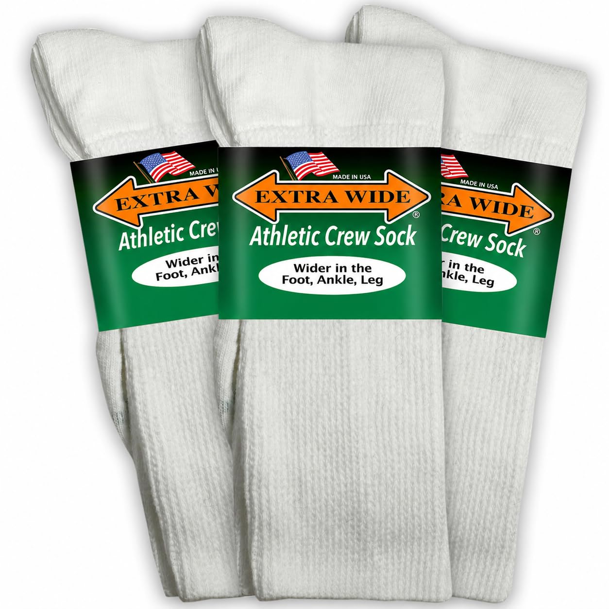Extra Wide Athletic Crew Socks - 3 Pack, Up to 6E, Non-Binding, Made in USA