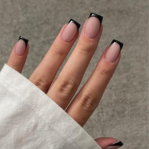 Modelones Black French Tip Press on Nails Short, Christmas Square