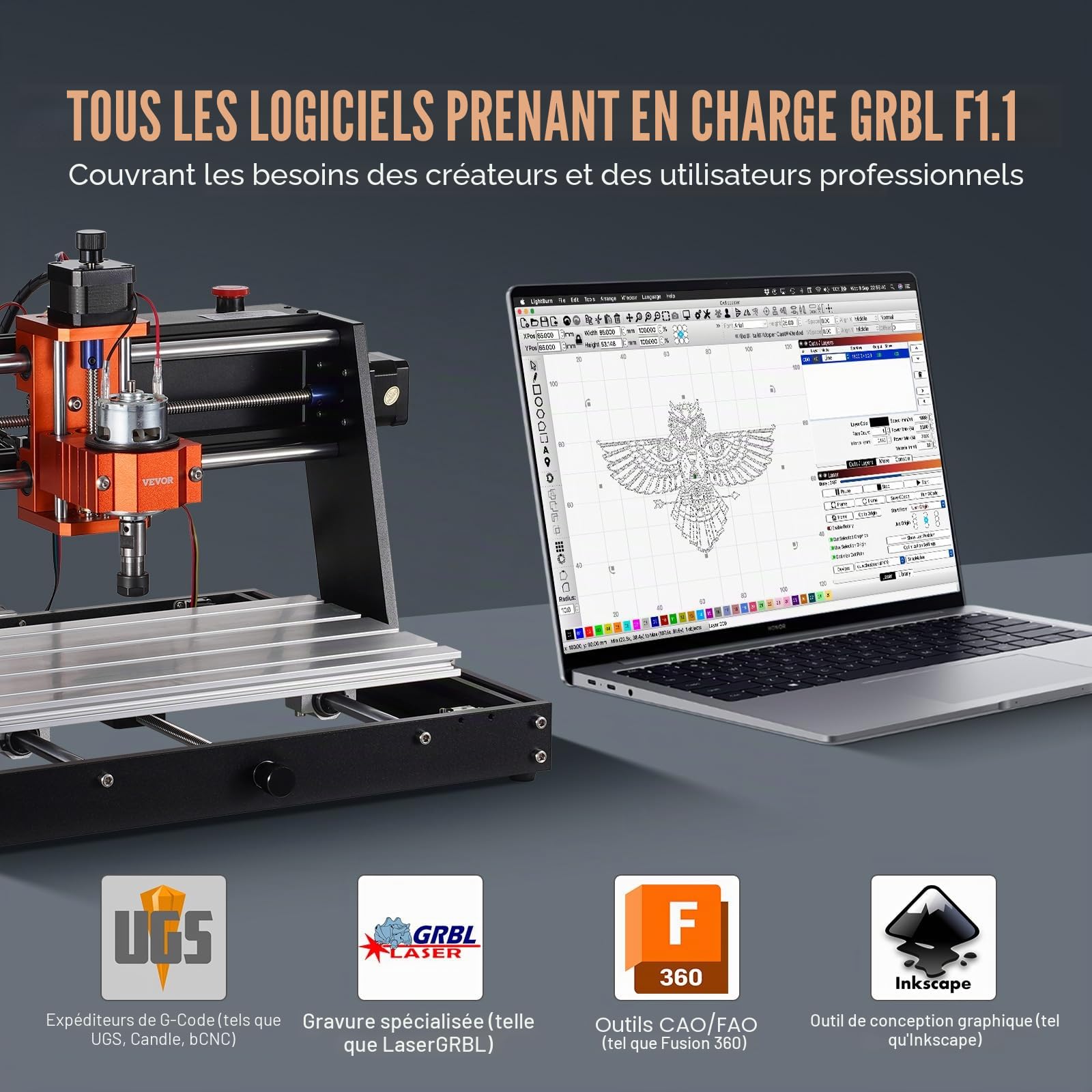 VEVOR Machine Gravure CNC, 120 W, Kit Routeur à Bois 3 Axes GRBL Contrôle Hors Ligne Zone de Travail 300x200x72 mm, Outil de Fraisage Alliage d'Aluminium pour Bois Acrylique MDF PVC Mousse Plastique
