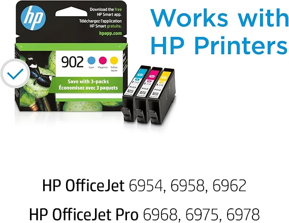 HP 902 Cyan, Magenta, Yellow Ink Cartridges | Works with OfficeJet 6950, 6960, Pro 6960, 6970 Series | T0A38AN
