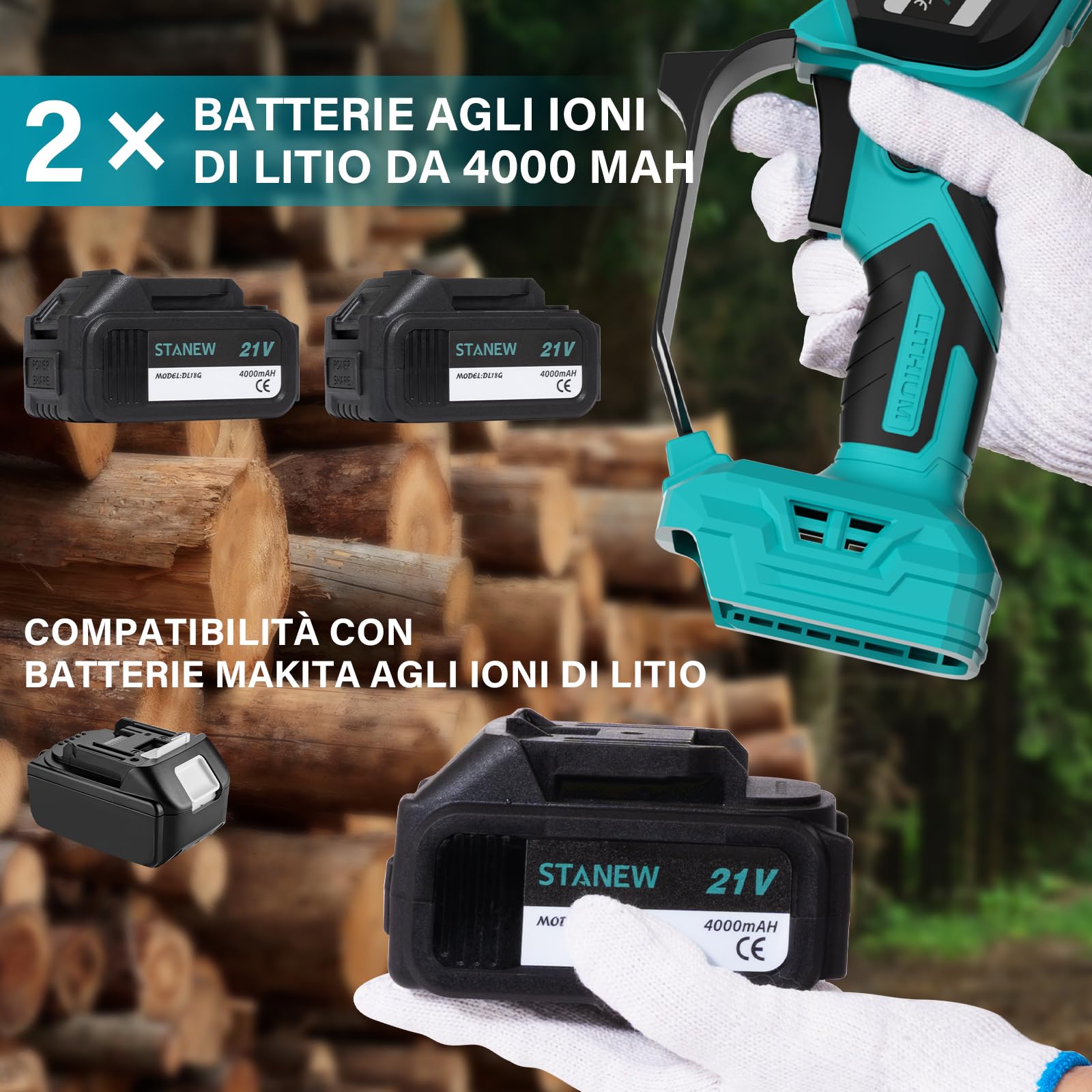 STANEW Motosega telescopica senza fili,da 6 pollici,2 in 1 | Due batterie 4000 mAh,estensione max 4,6 m,lama rotante e lubrificazione automatica.