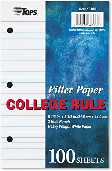 Oxford 62304 Filler Paper, 3H, 20 lb, 5 1/2 x 8 1/2, College Rule, White (Pack of 100 Sheets)