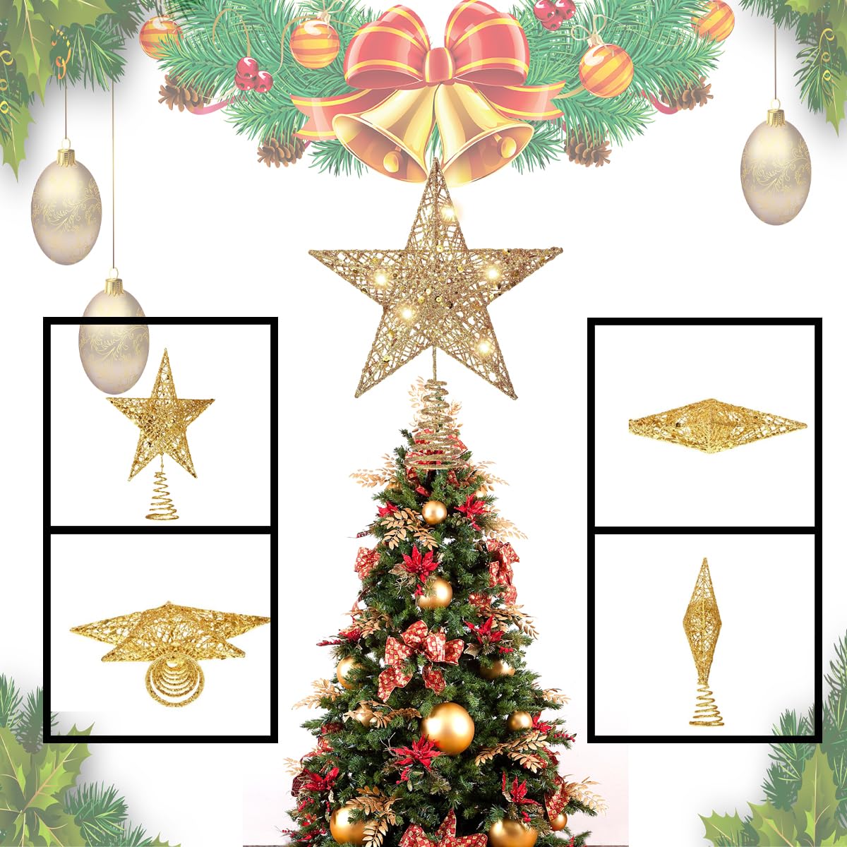 Estrella Brillante para el árbol, Estrella Dorada para el árbol de Navidad, Estrellas Brillantes para el árbol, Árbol de Navidad Estrella, para la decoración del árbol de Navidad, Oro