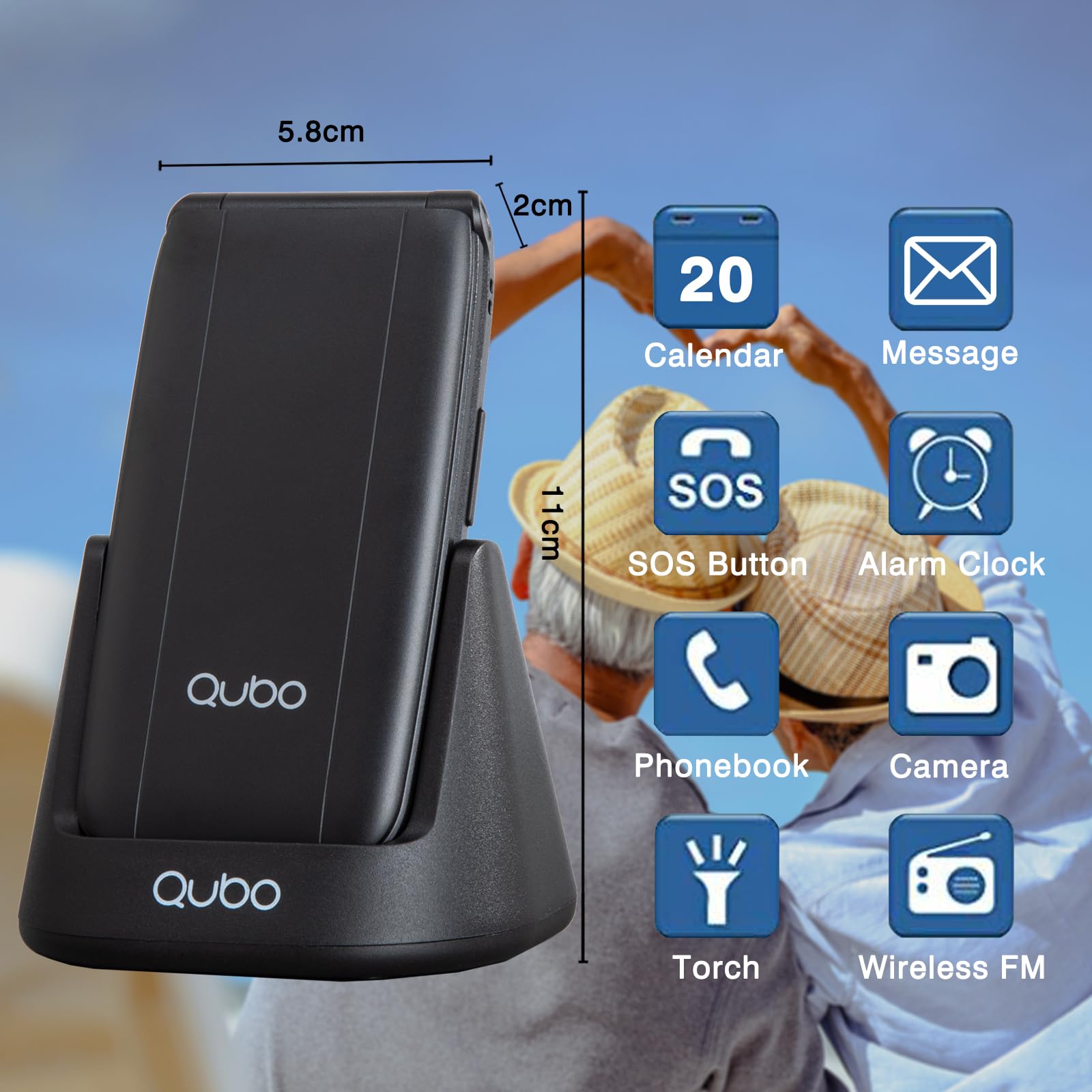Qubo Flip Telefono per anziani GSM, Cellulare per anziani, Display da 2,4'', Volume alto,Funzione SOS, Supporto Dual SIM,Chiamata rapida, Radio FM, Torcia elettrica,Base di ricarica,Nero