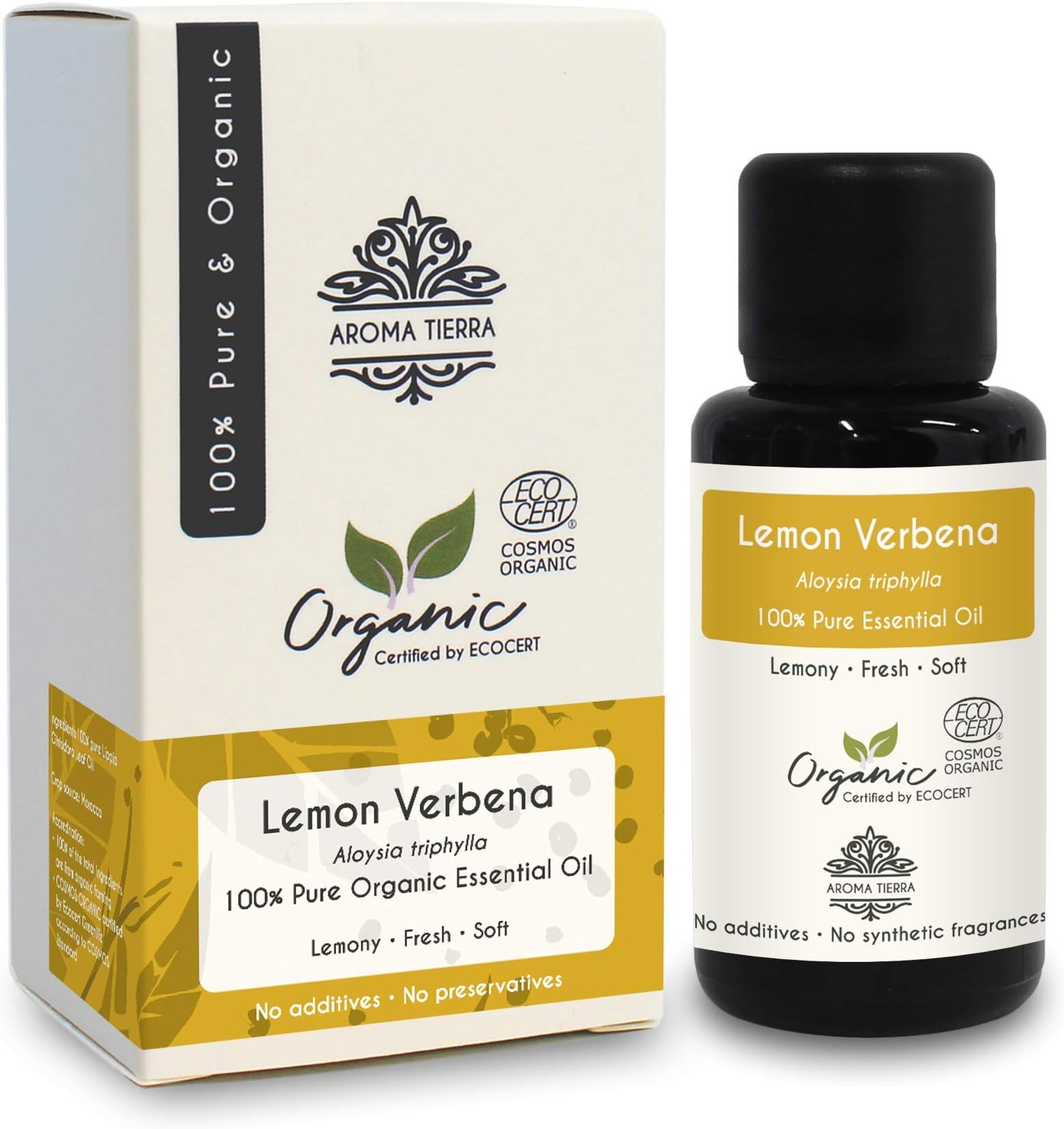 Aroma Tierra Lemon Verbena Essential Oil (Morocco) - - 100% Pure, Natural, Certified Organic by ECOCERT - 30ml