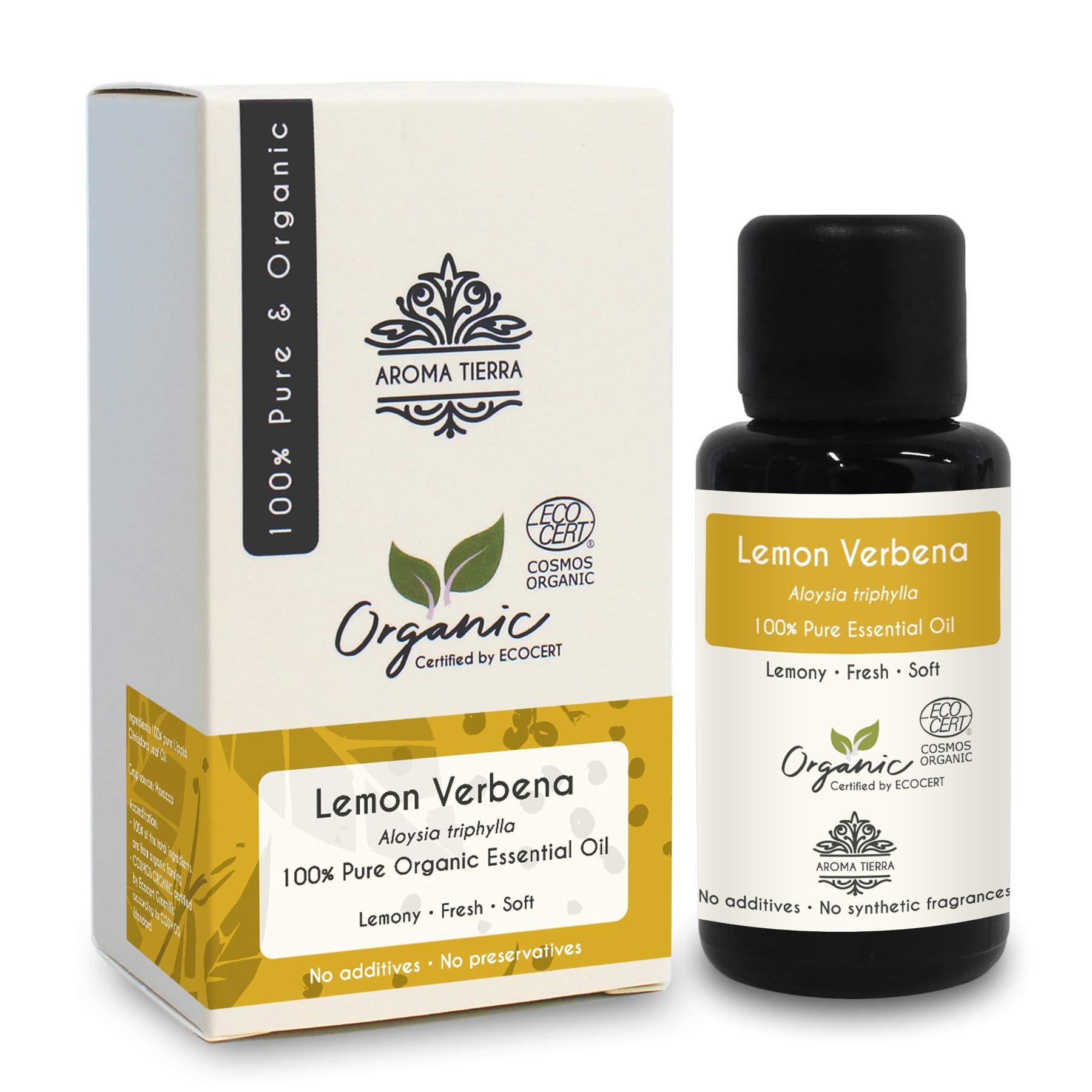 Aroma Tierra Lemon Verbena Essential Oil (Morocco) - - 100% Pure, Natural, Certified Organic by ECOCERT - 30ml