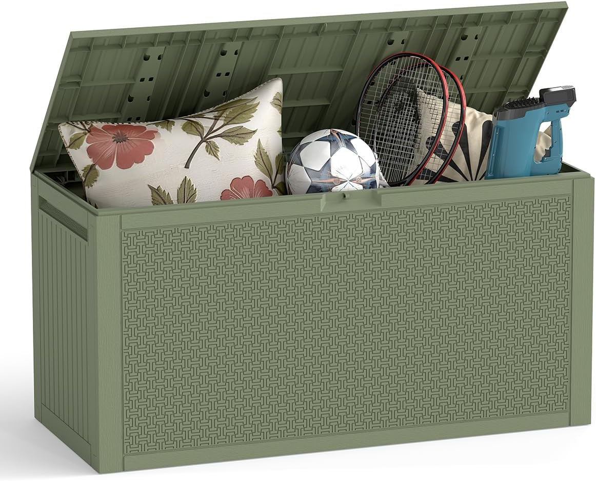 ZYJOOY 90 Gallon Outdoor Deck Storage Box, Lockable Waterproof Outdoor Storage Box, Resin Weather Resistant Container for Garden Tools, Indoor Cushions, Outdoor Accessories (Olive Green)